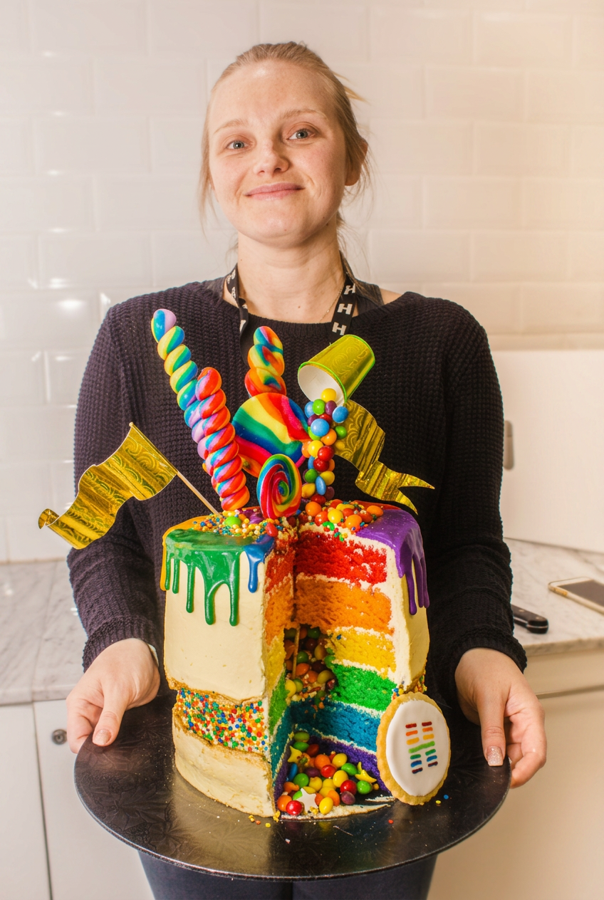 Caroline holding one of her signature cakes