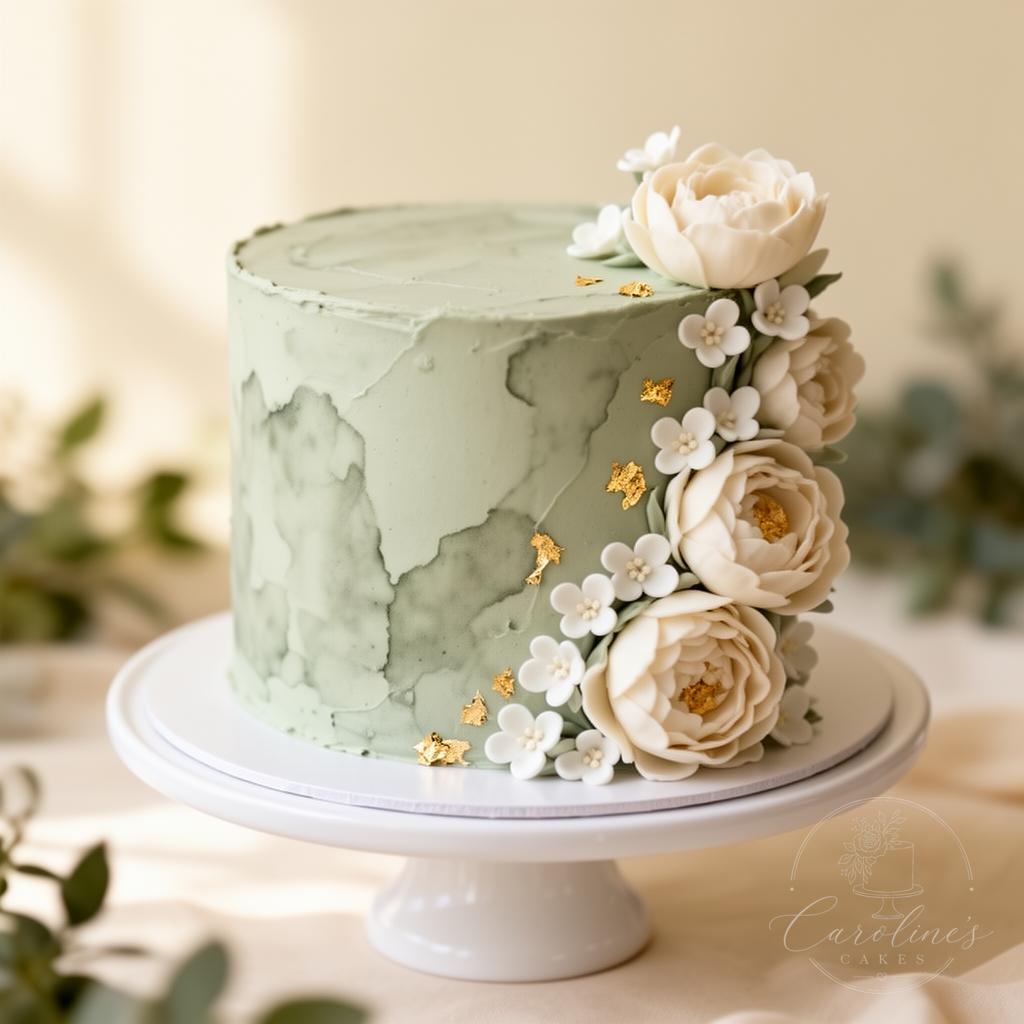 Soft sage buttercream baby shower cake with sugar peonies and gold leaf