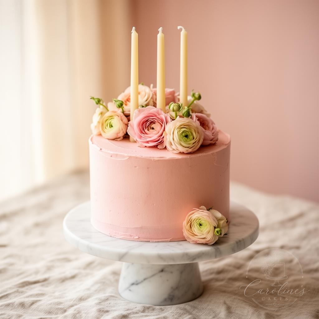 Soft blush birthday cake with garden roses and slim ivory candles
