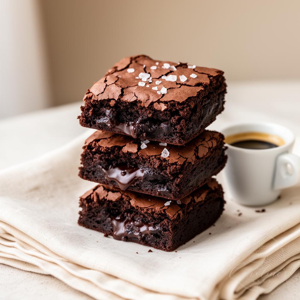 Stack of fudgy chocolate brownies with crackled tops and sea salt
