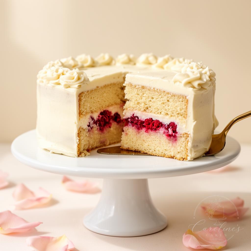 Slice being lifted from a vanilla buttercream cake with raspberry filling