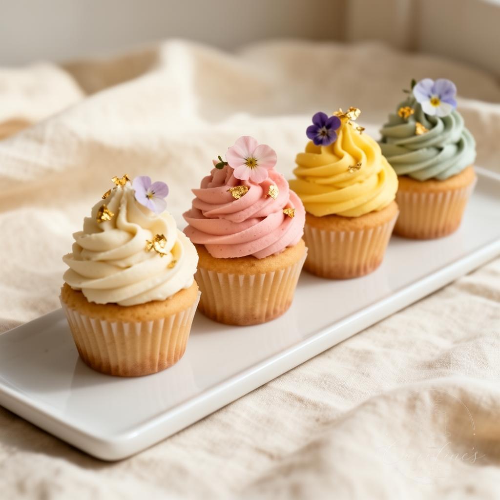 Row of pastel boutique cupcakes with edible flowers and gold leaf