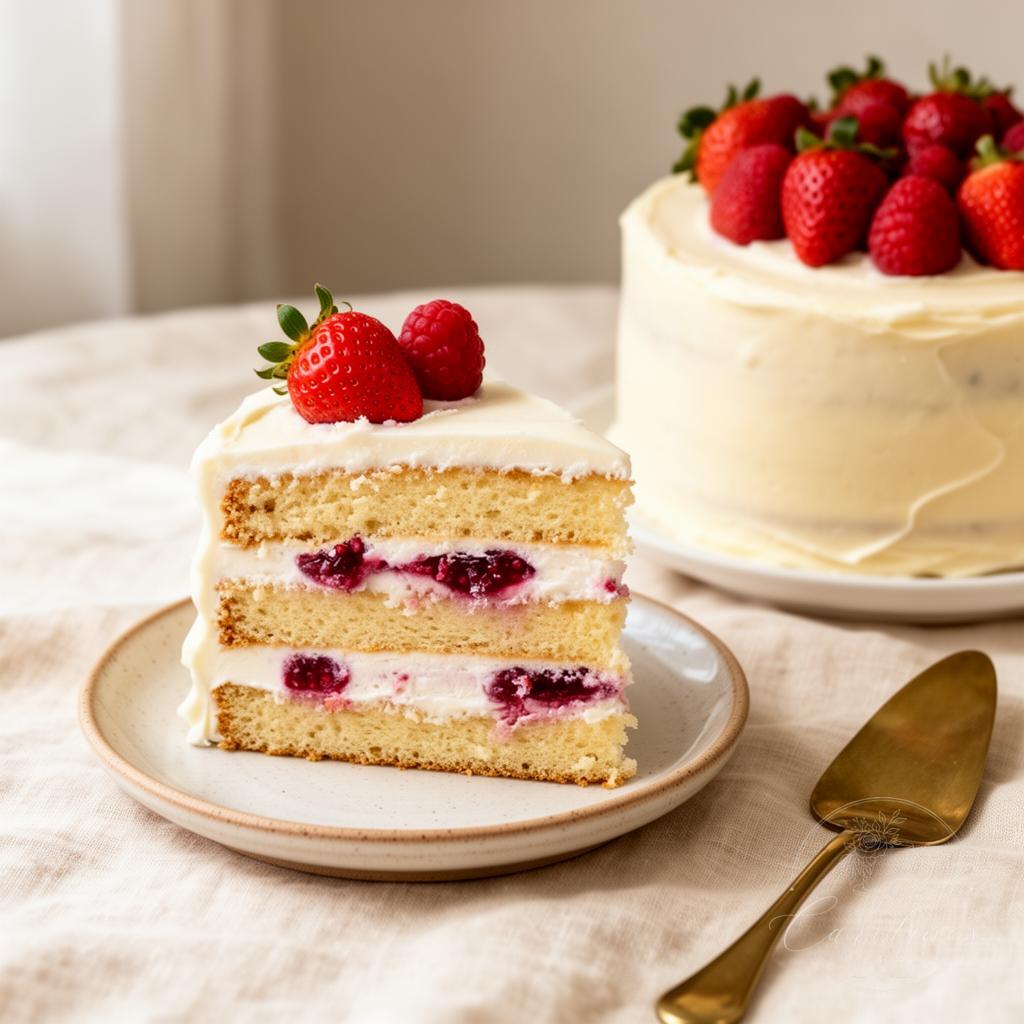 Slice of layered vanilla cake with raspberry filling beside a strawberry cake