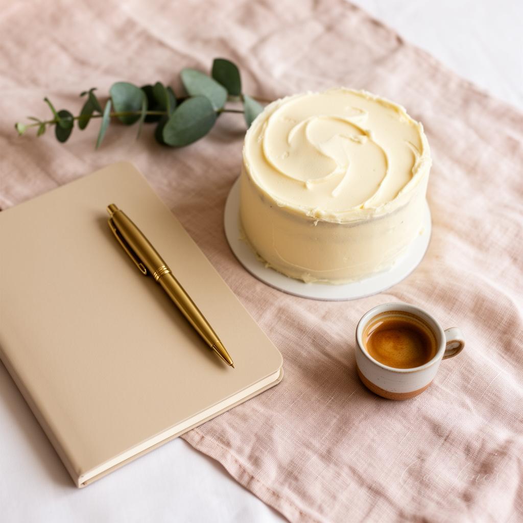 Flatlay of a small ivory cake with notebook, brass pen and espresso