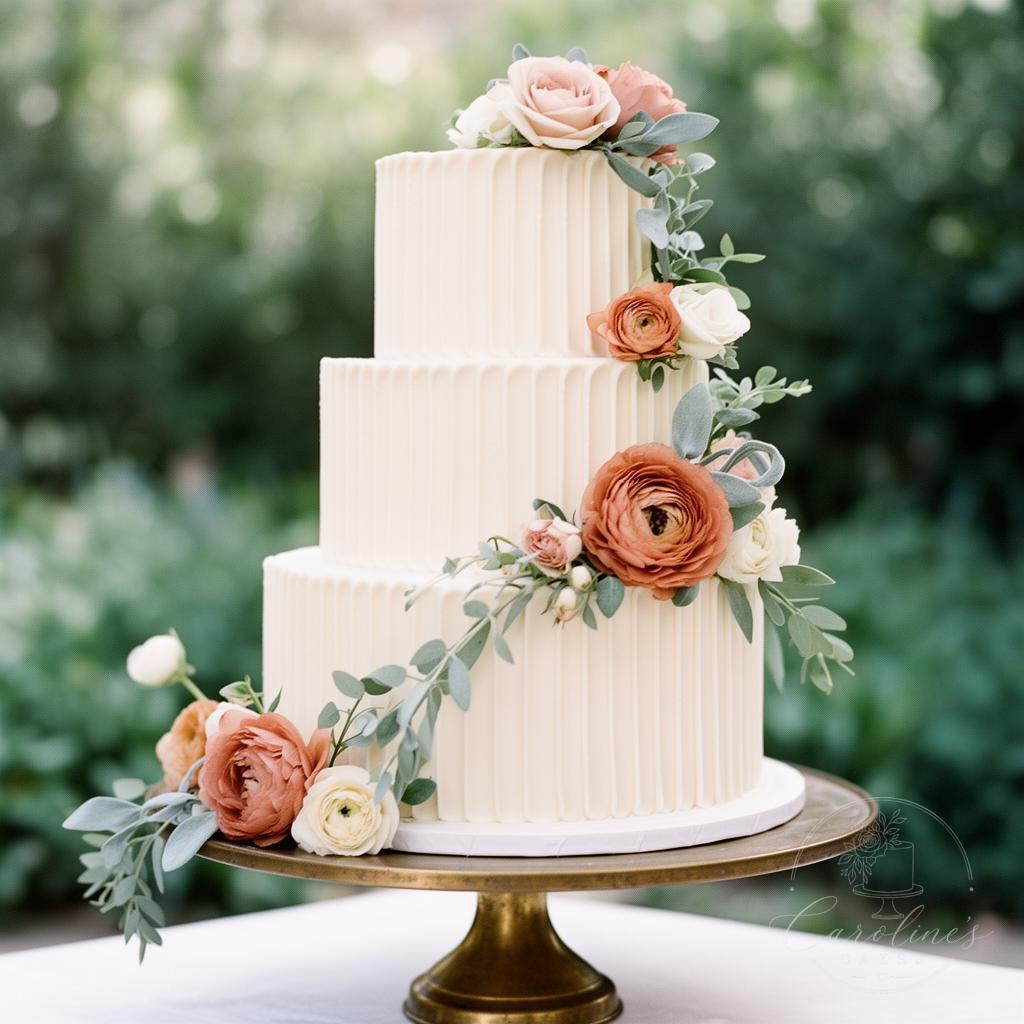Three-tier ivory sculpted buttercream wedding cake with garden florals