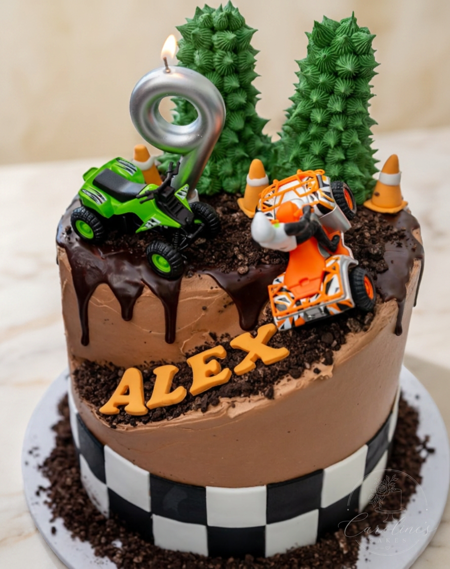 ALEX monster truck chocolate drip cake with toy trucks and trees