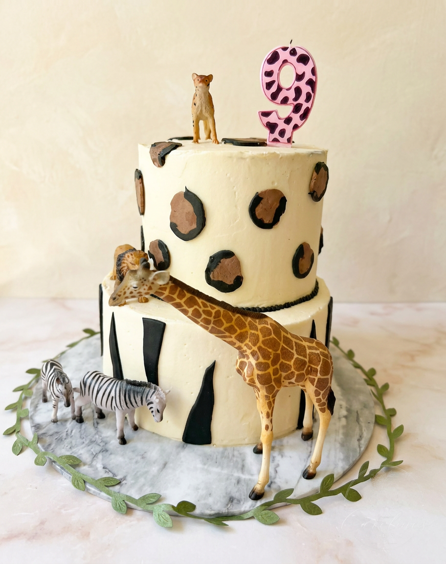 Two-tier safari themed cake with leopard print and animal figurines