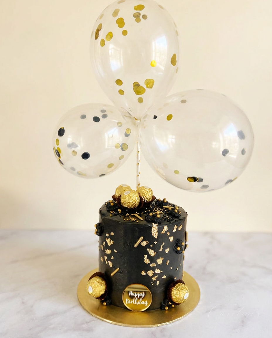 Black 40th cake with gold leaf, Ferrero Rocher and confetti balloons