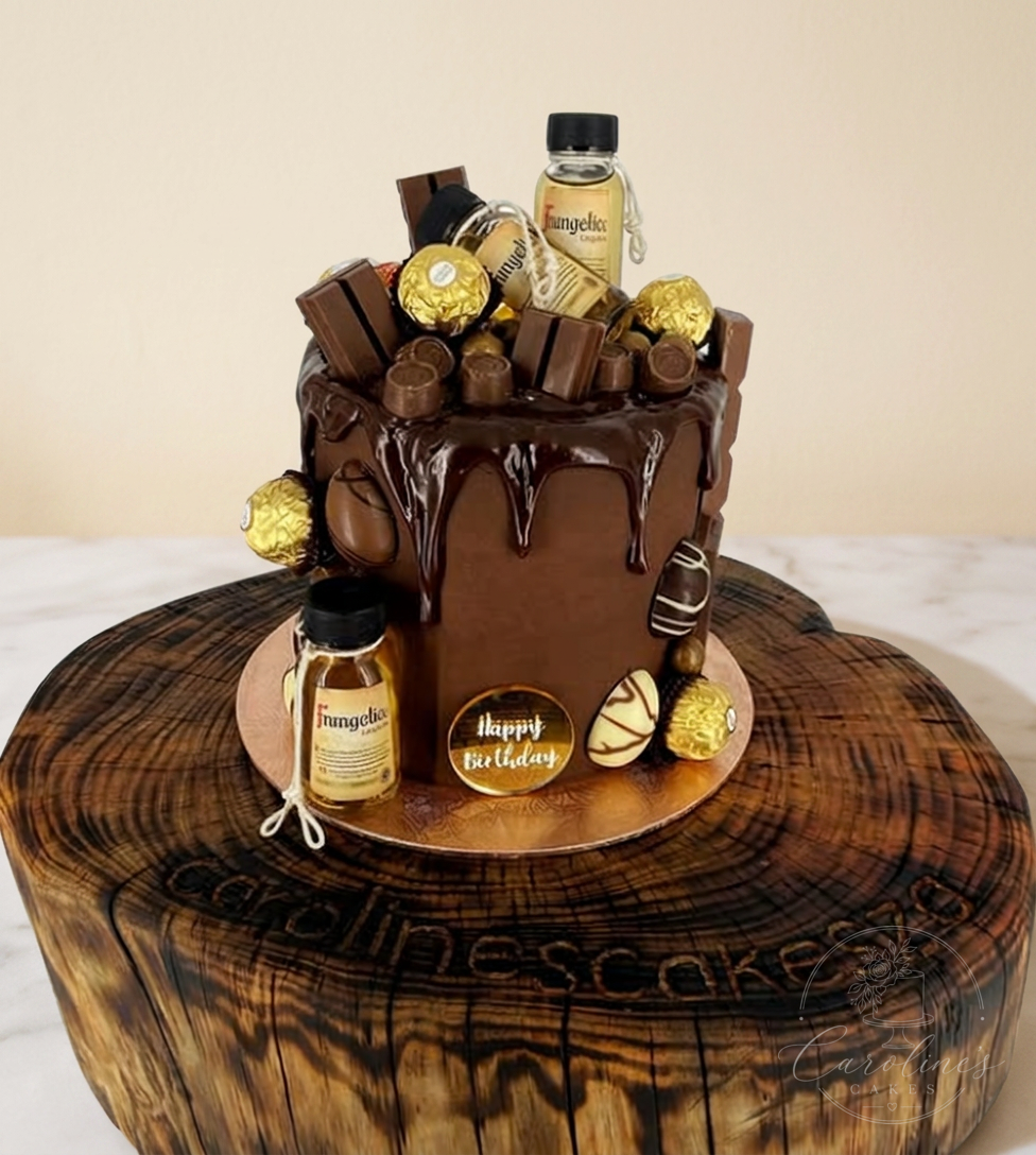 Chocolate Frangelico drip cake loaded with chocolates