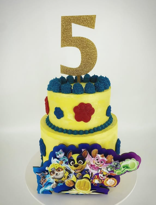 Paw Patrol two-tier 5th birthday cake with gold number topper