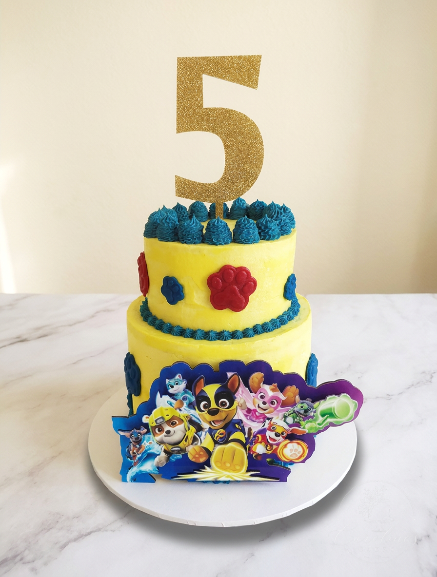 Paw Patrol two-tier 5th birthday cake with gold number topper