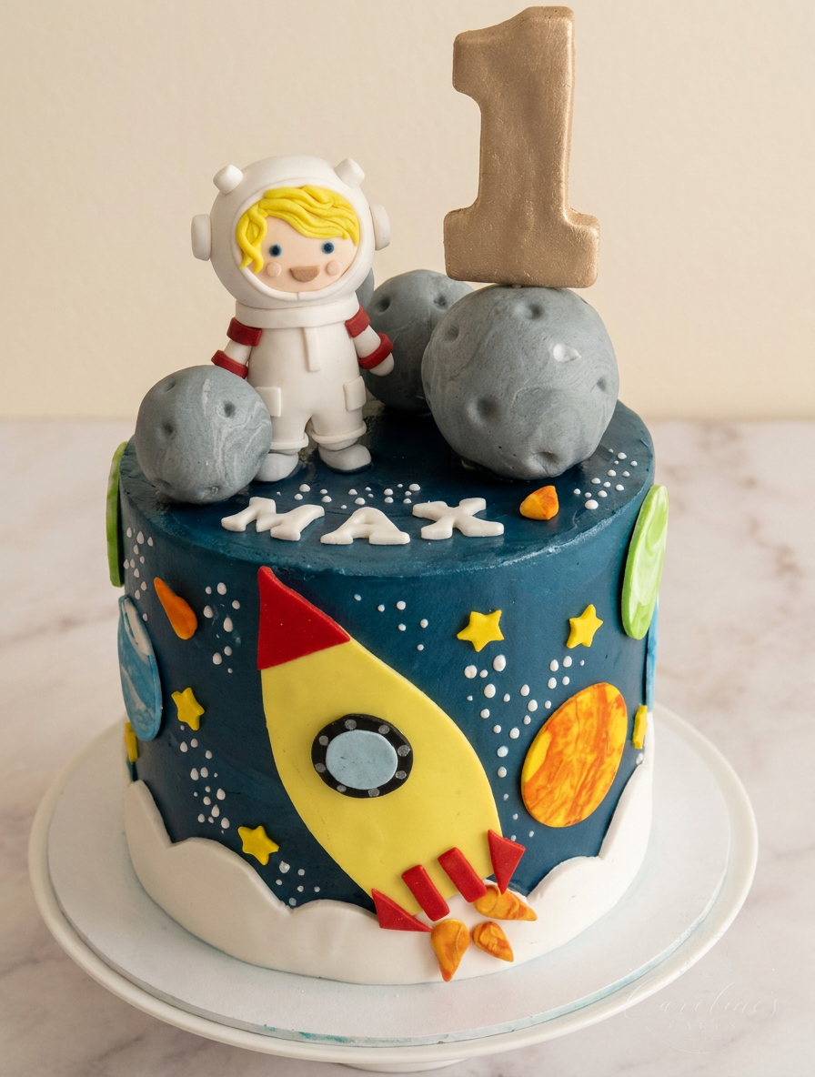 Space themed first birthday cake with rocket, planets and astronaut