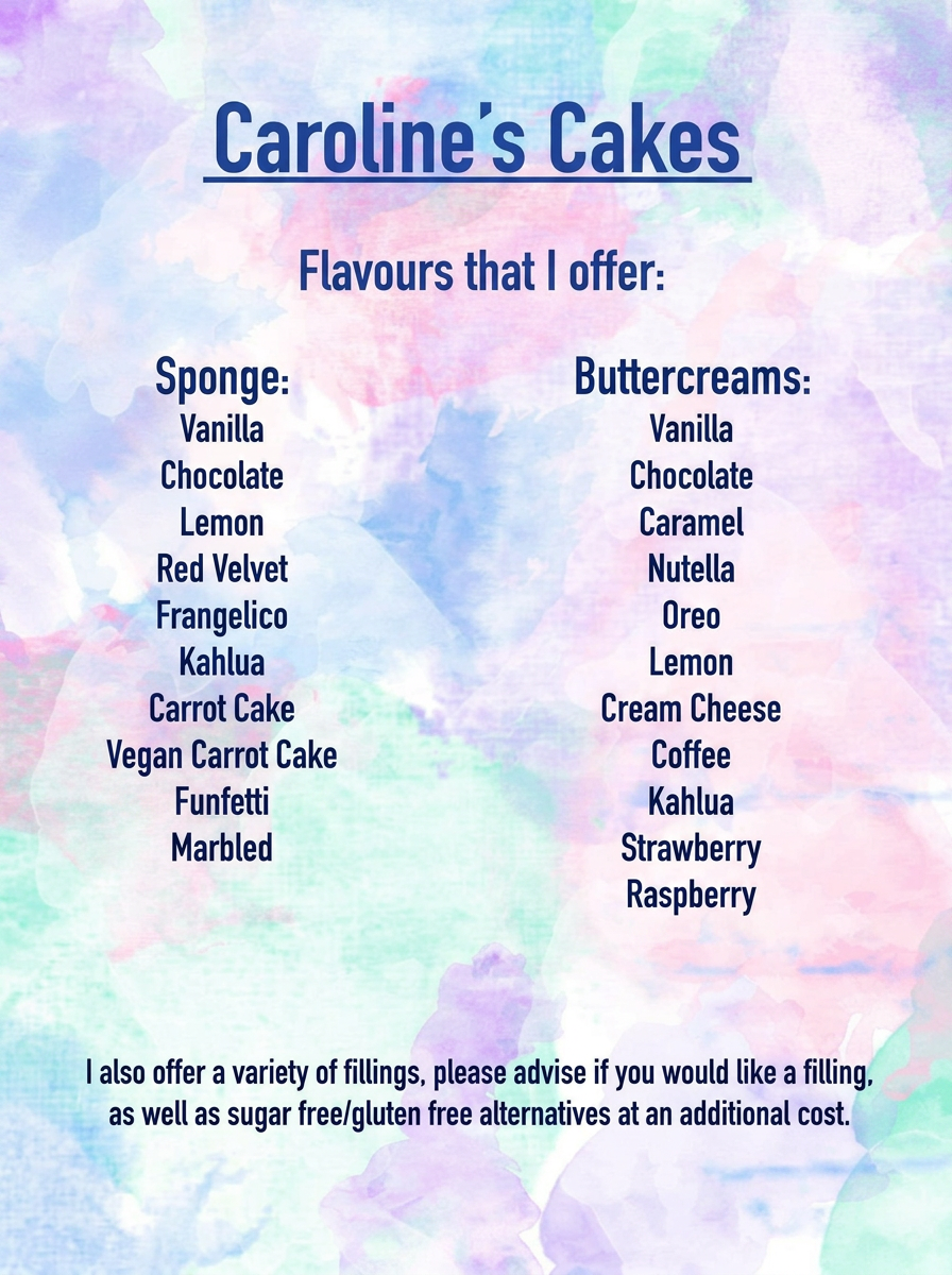 Caroline's Cakes flavours menu — sponges and buttercreams on a watercolour background